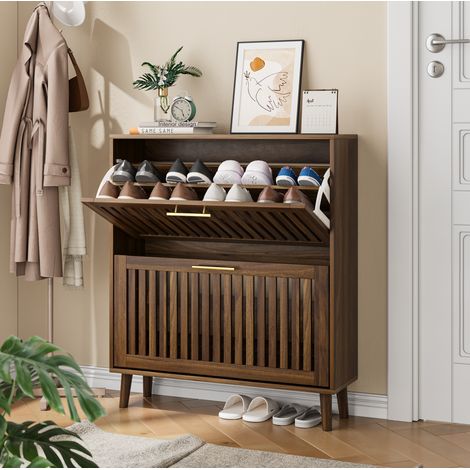Schuhschrank mit 2 Klappenschubladen und offenem Regal, Nussbaum (1/5)