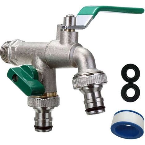 FENOPLASTICARobinet double sortie avec enrouleur de tuyau - Raccords BSP 1/2 et 3/4 pouce - Étanche pour usage jardin et extérieur - Conception robuste et pratique.