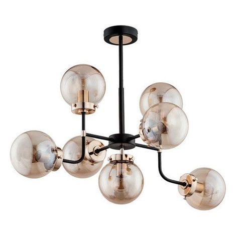 Alfa Transformers Modern Ceiling Chandelier Lamp, 7 Glass Globe Lights, Black/Gold Metal Frame, 7xE14 Max 10W, 80cm Wide, Dimmable, for Living & Dining Rooms (1/3)