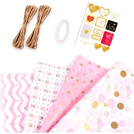Papier D Emballage Cadeau - 50 X 70 Cm - Motif Rose Métallisé - 4 Feuilles Avec Ruban Et Autocollant (1/5)