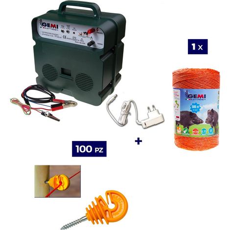 Kit completo per recinto elettrico con 1 x Elettrificatore B12 a doppia alimentazione 12 V / 220 V + 1 x Filo 500 MT 6 Mm² + 100 pezzi isolatori per paletti in legno - Recinzione Elettrica per animali (1/4)