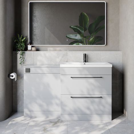 Napoli 390 Cento Gloss Grey Pearl 1400mm 2 Drawer Vanity Unit Toilet Suite with Glide Basin - 1400mm - Matt Black 480mm HandleWithout Kingston Toilet Pan