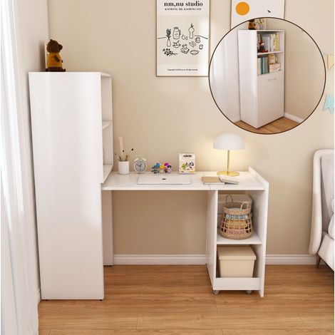 Bureau extensible 126x55x136 cm en MDF blanc, gain de place pour bureau, FloraGrace (1/5)