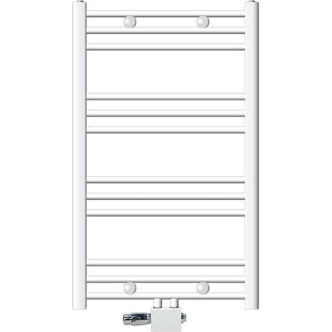 ECD Germany Badheizkörper Mittelanschluss 600 x 800 mm Weiß gerade mit Anschlussgarnitur inkl. Thermostat Universal Eck- und Durchgangsform Weiß Heizkörper Heizung Handtuchwärmer Handtuchtrockner (1/5)