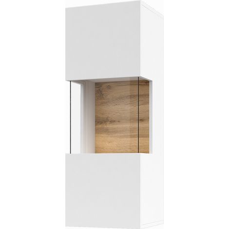 Kleine hängende Vitrine mit 1 teilweise verglasten Tür, Kollektion EVA. Farbe mattweiß und Eiche.
