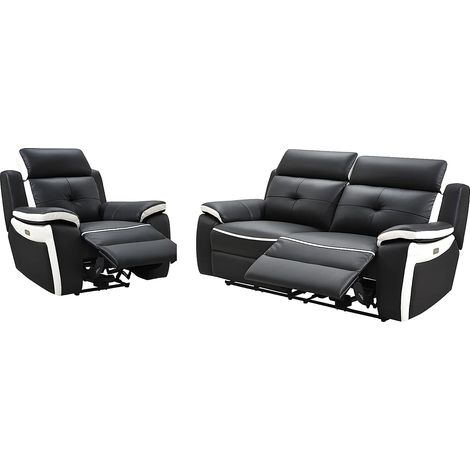Divano 3 posti e Poltrona relax elettrico in pelle Nero e bianco - ANGELIQUE (1/5)