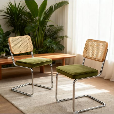 Lote de 2 sillas de comedor de terciopelo y ratán, base cromada, verde, REDOM (1/5)