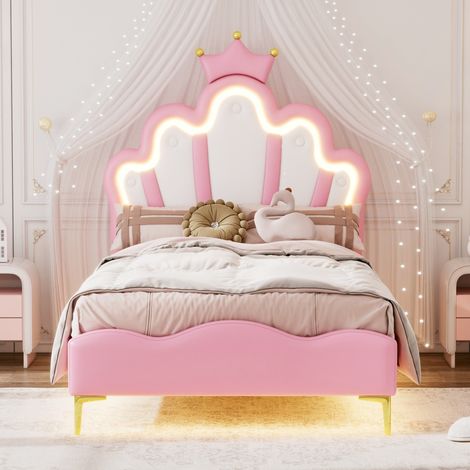 Cama individual 90x200 cm - para niña - cama princesa con cabecero de corona - iluminación LED - tapizada en cuero sintético - estilo escandinavo - base de lamas - Rosa