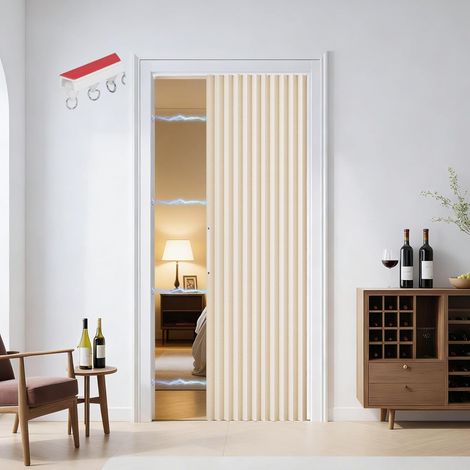 Magnetic Door Curtain, 100% Blackout Accordion Door with Magnetic Closure, Adhesive Mounting Without Drilling, with Adhesive Rail, Linen Look, Foldable, Room Divider, Beige (1/5)