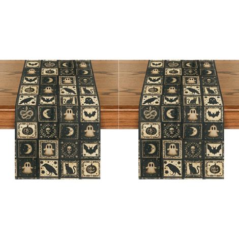 Camino de mesa de Halloween, decoración de mesa para el hogar y fiestas, 33 x 183 cm, diseño de patchwork con fantasma, murciélago y calavera (2 piezas) (1/5)