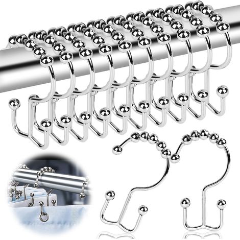 Lot de 12 anneaux de rideau de douche en acier inoxydable - 78 mm x 36 mm - Double crochet - Anneaux de suspension avec système coulissant - Anneaux de douche pour tringle à rideau de douche (1/5)