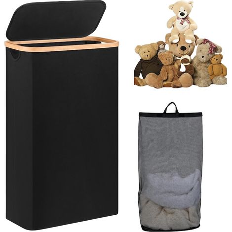 Panier à linge avec couvercle, pliable, avec couvercle et sac à linge amovible, grand format, portable, design en bambou, noir, peut servir de poubelle, en tissu Oxford, pour les vêtements et les joue (1/5)