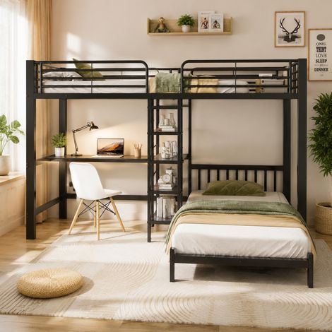 Dos espacios para dormir, cama alta, estructura de hierro, 90 x 200 cm, escritorio, enchufe doble con interfaz USB y Tipo-C, 3 estantes, espacio de almacenamiento en el cabecero, certificación EN747, (1/5)