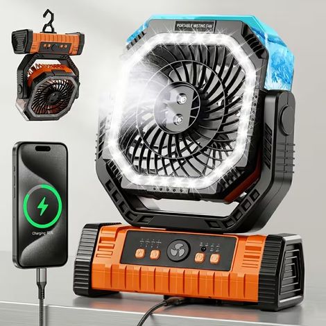 Campingventilator mit Nebelfunktion und Timer, 20000 mAh Akku mit 4 Geschwindigkeitsstufen, USB-betriebener Tischventilator mit LED-Licht, ideal für Reisen, Grillabende und Angeln (1/3)