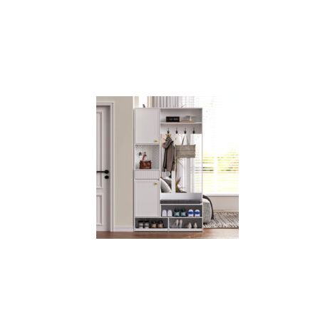 Ensemble armoire, ensemble armoire d'entrée complet avec banc, 4 crochets, portes et tiroirs - blanc, dimensions compactes 100×180×35 cm (L×H×P) (1/5)