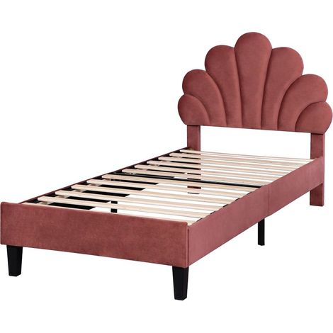 Letto imbottito per bambini 90 x 200 cm, con testata floreale e rete a doghe, in velluto skin-friendly, colore rosso soia (1/5)