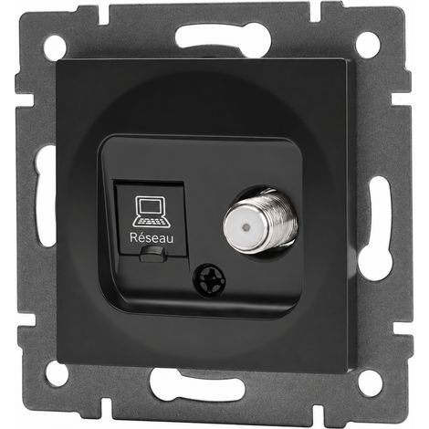 Prise Murale Satellite et Réseau Cat 6 Standard Européen Panneau PC Noir Série G 13 × 9 × 10 cm – Livraison gratuite