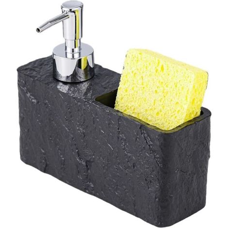 Distributeur de savon et porte-éponge pour cuisine ou salle de bain, stabilité de construction en résine, conçu pour une utilisation efficace sur le plan de travail (noir)
