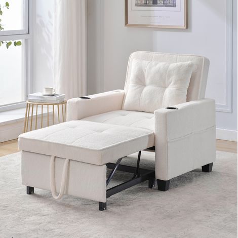 Fauteuil convertible 74x87x84 cm blanc en bois et métal avec USB, porte-gobelets et dossier réglable (1/5)