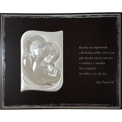 Quadro moderno in argento raffigurante la Sacra Famiglia con una citazione di Giovanni Paolo II 25x20 Dimensioni: 25x20 cm Codice articolo: VL822/S