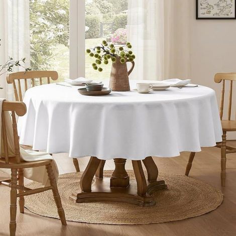 1 Nappe Ronde 180cm, Polyester Blanc, Texture Lin, Résistante Eau, Anti Tache, Usage Fête (1/5)