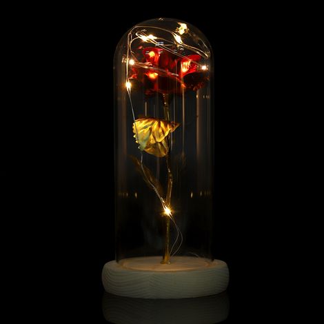 Rose éternelle illuminée par LED avec couvercle en verre et socle en bois, rouge, idéale pour la Saint-Valentin ou un mariage. (1/5)