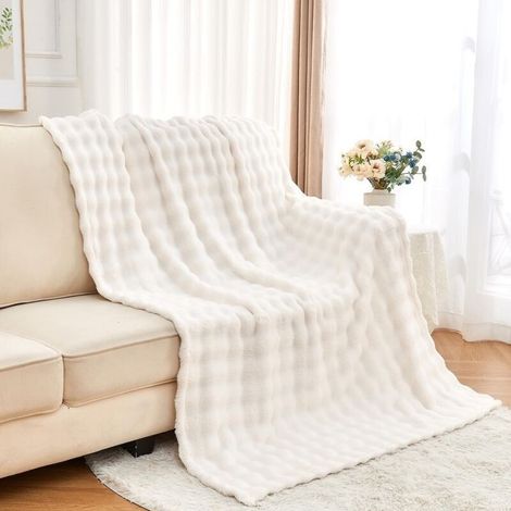 Fluffy Flannel Blanket, White Faux Fur Throw, Super Soft Warm Large Blanket for Bed, Sofa, Car, 130 x 150cm (1/4)