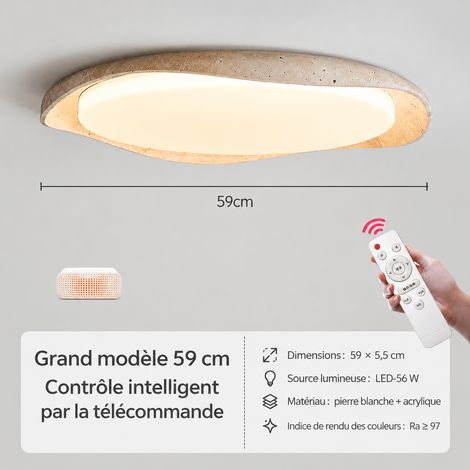 Plafonnier LED travertin et bois wabi-sabi diamètre 59 cm commande vocale intelligente Genie, IRC 80-90, 3 kg – Livraison gratuite