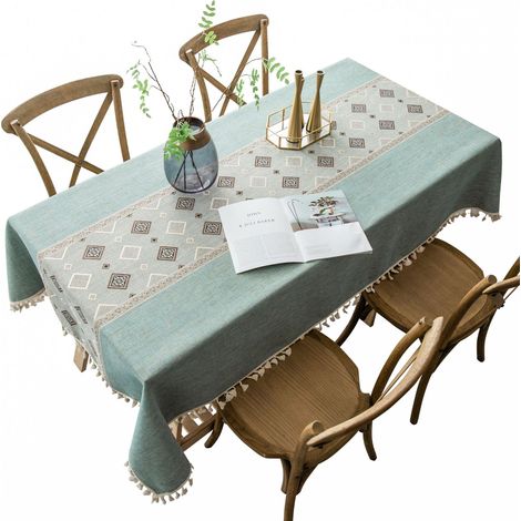 Nappe rectangulaire en lin et coton antitaches avec pompons, style simple (1/3)