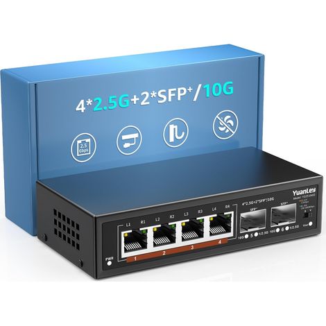 6 Port 2.5G Ethernet Switch, 4 x 2.5G Base-T Ports, 2 x 10G SFP, Metal, Fanless, 10/100/1000M/2.5Gbe Network Switch for Wireless AP, NAS, PC, Wall Mount (1/5)
