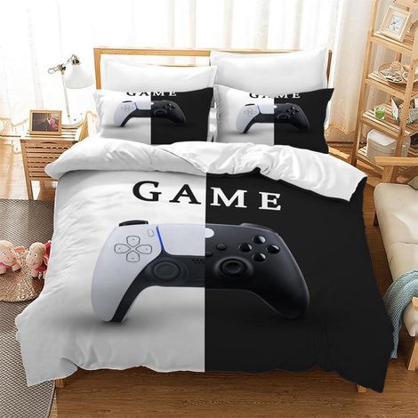 Bettwäsche Set 200x200 cm, Schwarz Weiß Game Controller Motiv, Mikrofaser