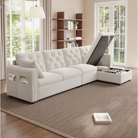 Canapé d’angle convertible 281x132x86 cm beige en velours avec coffre de rangement et méridienne réversible (1/5)