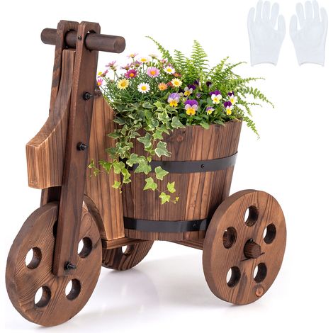 Tricycle jardinière marron en bois de sapin avec bac tonneau, trou de drainage et 3 roues stables pour jardin, terrasse et balcon