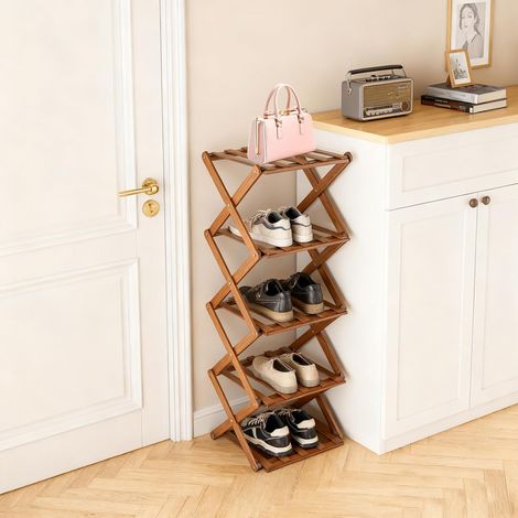Étagère à Chaussures en Bambou - Étagère à Chaussures étroite à 5 Niveaux - Étagère à Chaussures Verticale - Petite étagère à Chaussures pour entrée, Armoire (Brun foncé) (1/5)