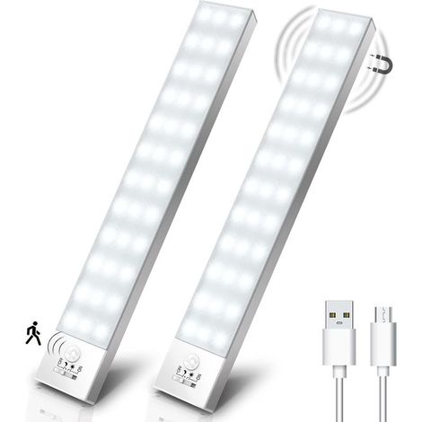 Lampe d'Armoire 36 LED, Rechargeable USB Sans Fil LED Lampe de Placard à Détecteur de Mouvement, Éclairage à LED étude de Cuisine Veilleuse Escalier Couloir (2 Pack) (1/3)