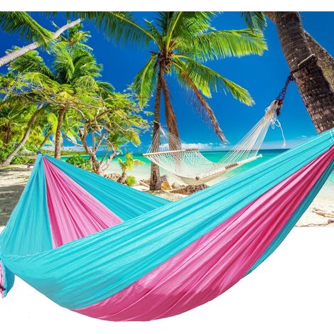 Tragbare Camping-Reise-Doppelhängematte mit Baumgurt (Hellblau + Rosa) (1/5)