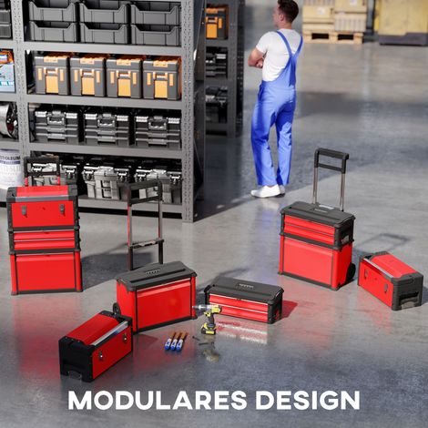 Coffre à outils 3 niveaux, avec roulettes, empilable et emboîtable, acier et plastique, rangement mobile robuste. (1/5)