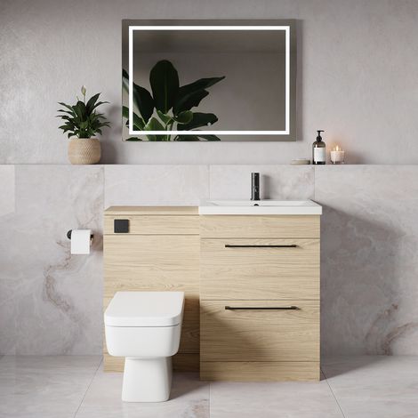 Napoli 390 Light Oak 1100mm 2 Drawer Vanity Unit Toilet Suite with Glide Basin - 1100mm - Matt Black 320mm HandleWith Kingston Toilet Pan and Seat