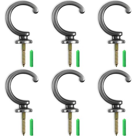 6 Gardinenhaken für die Wand – Schwarze Zinklegierung – Stabile Befestigung für Gardinenhalter und Kleidung – Wohnzimmer, Badezimmer, Schlafzimmer – 7 cm (1/5)