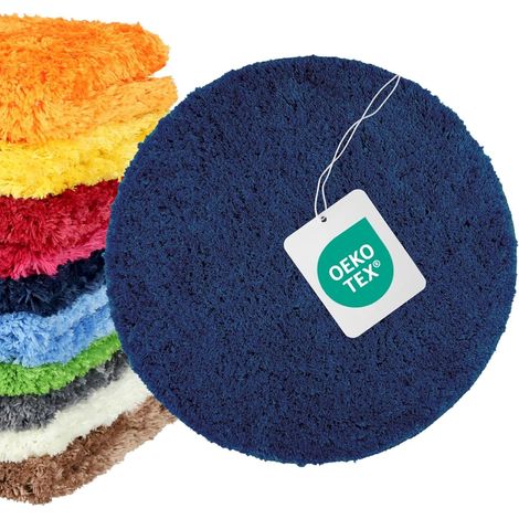Tapis de bain rond Ø 56 cm, microfibre shaggy 4 cm, antidérapant, absorbant, lavable 30°C, sèche-linge basse température, compatible chauffage au sol, certifié OEKO‑TEX, Bleu foncé moutarde (1/5)
