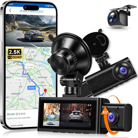 360° Dashcam 3 Caméras 2.5K Avant + 1080P Arrière, 3.16" Écran, Grand Angle, Vision Nocturne, GPS, (1/5)