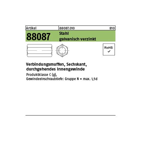 Sechskantverbindungsmuffe R 88087 M 12 x 40 SW19durchg.IG Stahl gal Zn 50 Stück (1/2)