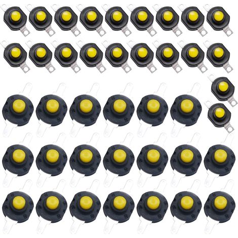 Lot de 40 Interrupteur à Bouton Poussoir Autobloquant, Mini Interrupteur Lampe de Poche, Jaune (20 Pièces Broche Plate avec Trou + 20 Pièces Broche Pliée avec Trou) (1/5)