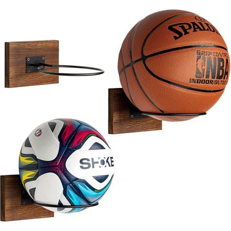 Support Mural Ballon, Porte Ballon Mural en Bois et Métal, Support Ballon Basket Foot Volley Rugby, Brun Rustique