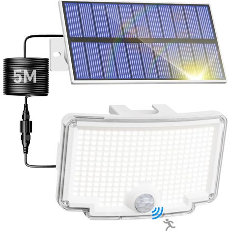Lampe Solaire Exterieur Detecteur de Mouvement 318 LED, 3 Mode Lumiere Solaire, IP65 Étanche Spot Solaire avec Câble de 5M, Eclairage Solaire pour Jardin Garage Cour, Blanc Froid (1/5)