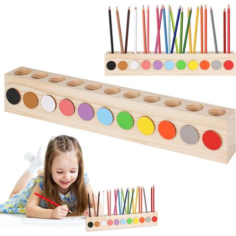 Pot à Crayon, 41x5x7 cm Porte Crayon de Couleur en Bois avec 11 Compartiments Indépendants, Organiseur de Pot Crayon, pot a crayon enfant pour École Maison Studio D'art (1/5)