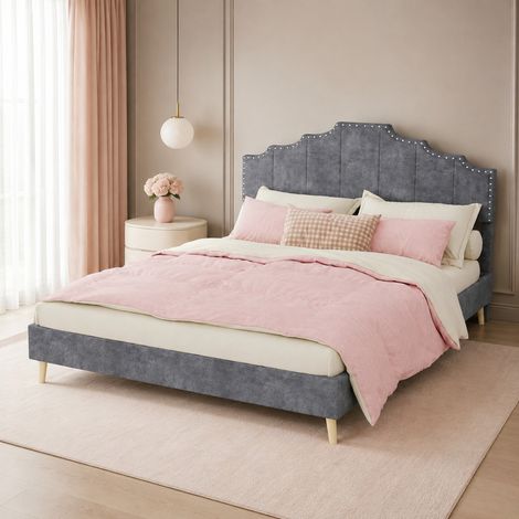 Cama tapizada 210.0x160.0x133.0 cm, cabecero geométrico con tachuelas, armazón de lamas, tela y metal gris (1/5)