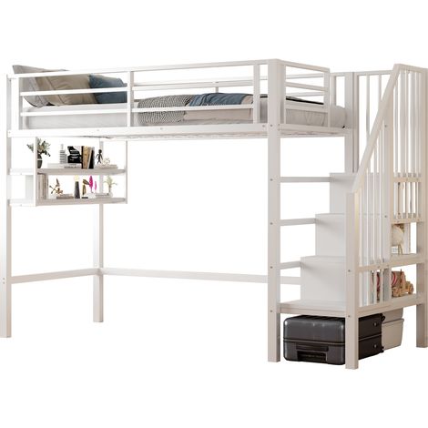 Lit mezzanine enfant métal blanc 90x200 cm avec étagères et échelle de rangement, garde-corps, sans matelas (1/5)