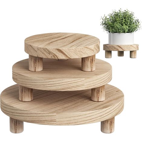 Support pour plantes en bois 3 pièces pour intérieur et extérieur - Tabouret rond 6/8/10 pouces - Base pour pot de fleurs naturelle - Dessous de plat décoratif pour jardin, bureau et intérieur (1/5)
