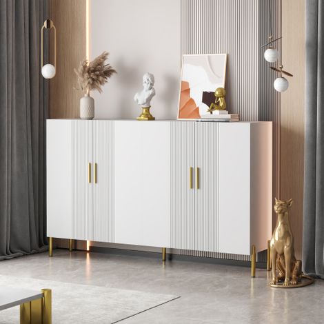 Meuble de rangement multifonction moderne et minimaliste, blanc mat — Design à 4 portes (comprenant des compartiments ouverts et fermés) — Unité de rangement pour salle à manger avec accents dorés (1/5)
